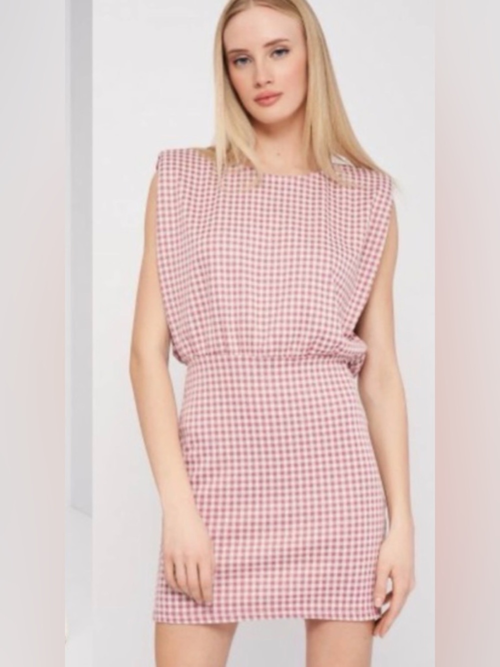 NWOT Zara Pink & White Gingham S Mini Dress with Shoulder Pads